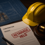 Construction retainage concept showing contractor invoice stamped “RETAINAGE HELD,” yellow hard hat, legal gavel, and blueprints on a dark wooden desk.