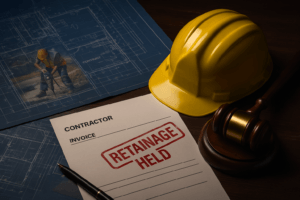 Construction retainage concept showing contractor invoice stamped “RETAINAGE HELD,” yellow hard hat, legal gavel, and blueprints on a dark wooden desk.