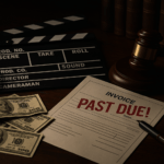 Film industry payment dispute concept featuring a clapperboard, “PAST DUE!” invoice, coiled film reel, scattered cash, and a judge’s gavel on a dark wooden desk.