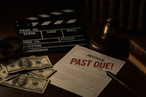Film industry payment dispute concept featuring a clapperboard, “PAST DUE!” invoice, coiled film reel, scattered cash, and a judge’s gavel on a dark wooden desk.