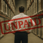 Frustrated man standing in dusty warehouse filled with unsold inventory, viewed from behind, with red "UNPAID" stamp overlayed on the scene.