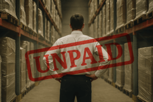 Frustrated man standing in dusty warehouse filled with unsold inventory, viewed from behind, with red "UNPAID" stamp overlayed on the scene.
