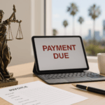Bright office desk scene with Lady Justice statue, printed invoice, laptop showing “Payment Due,” and palm trees visible outside a sunny California window.
