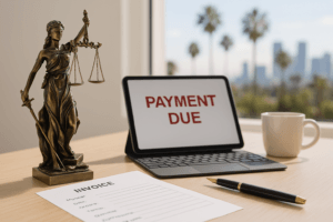 Bright office desk scene with Lady Justice statue, printed invoice, laptop showing “Payment Due,” and palm trees visible outside a sunny California window.
