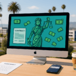 Outdoor tech desk with computer showing 8-bit Lady Justice, invoice, smartphone alert, and coffee cup in a California campus setting.