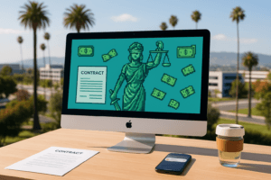 Outdoor tech desk with computer showing 8-bit Lady Justice, invoice, smartphone alert, and coffee cup in a California campus setting.