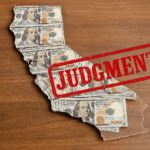 Map of California made from U.S. hundred-dollar bills on a wooden surface with a red “JUDGMENT” stamp overlay, symbolizing legal debt enforcement against out of state judgments.