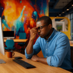Frustrated man in a creative office environment staring at computer screen with hand on face, modern workspace with colorful mural in background