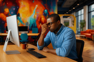 Frustrated man in a creative office environment staring at computer screen with hand on face, modern workspace with colorful mural in background