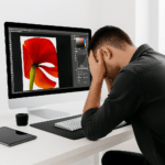 A lman sits at a clean, modern white desk with a large monitor displaying a vibrant flower design. He rests one hand on his forehead in a thoughtful pose. A tablet lies on the desk beside minimalist office accessories in a bright, organized workspace.