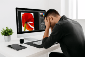 A lman sits at a clean, modern white desk with a large monitor displaying a vibrant flower design. He rests one hand on his forehead in a thoughtful pose. A tablet lies on the desk beside minimalist office accessories in a bright, organized workspace.