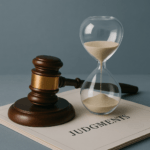 Glass hourglass and wooden judge’s gavel positioned atop a folder labeled “Judgments,” representing legal time constraints or enforcement deadlines