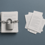 Top-down view of secured documents bound with a silver padlock and chain next to unrestrained pages, illustrating contrast in data protection