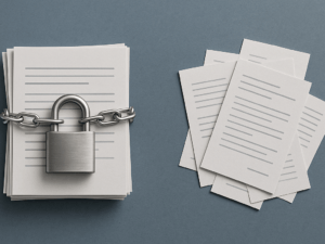 Paper stack bound by a chain and padlock beside a scattered pile of loose documents, symbolizing secured vs. unsecured information