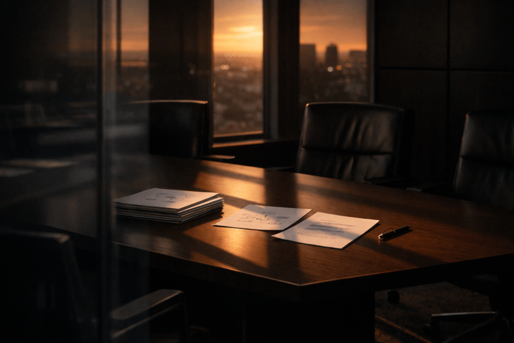 Empty boardroom at sunset with financial documents and a pen on a conference table, representing evaluation of fraudulent transfer risk in California commercial debt collection