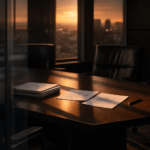 Empty boardroom at sunset with financial documents and a pen on a conference table, representing evaluation of fraudulent transfer risk in California commercial debt collection